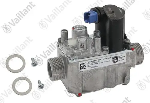 Vaillant Gasarmatur, aus Metall, mit elektrischer Steuerung. Zwei Anschlüsse, vier Befestigungsschrauben und zwei Dichtungen im Lieferumfang enthalten.